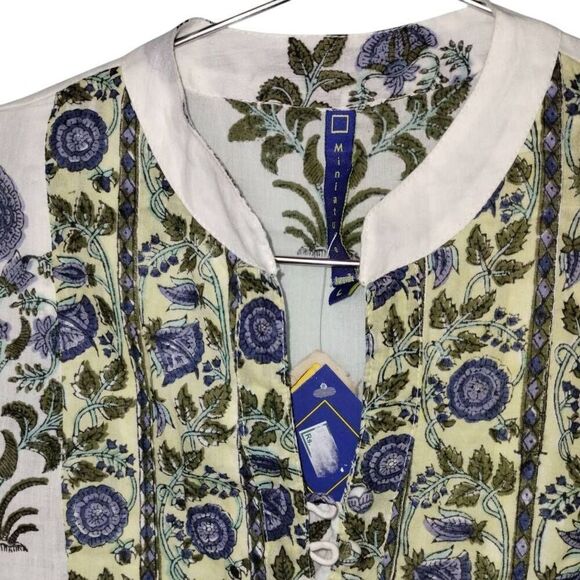 Miniature Auroville Womens Dress Sz L 100% Cotton Bib 3/4 Sleeve Botanical Kurta - Picture 7 of 11